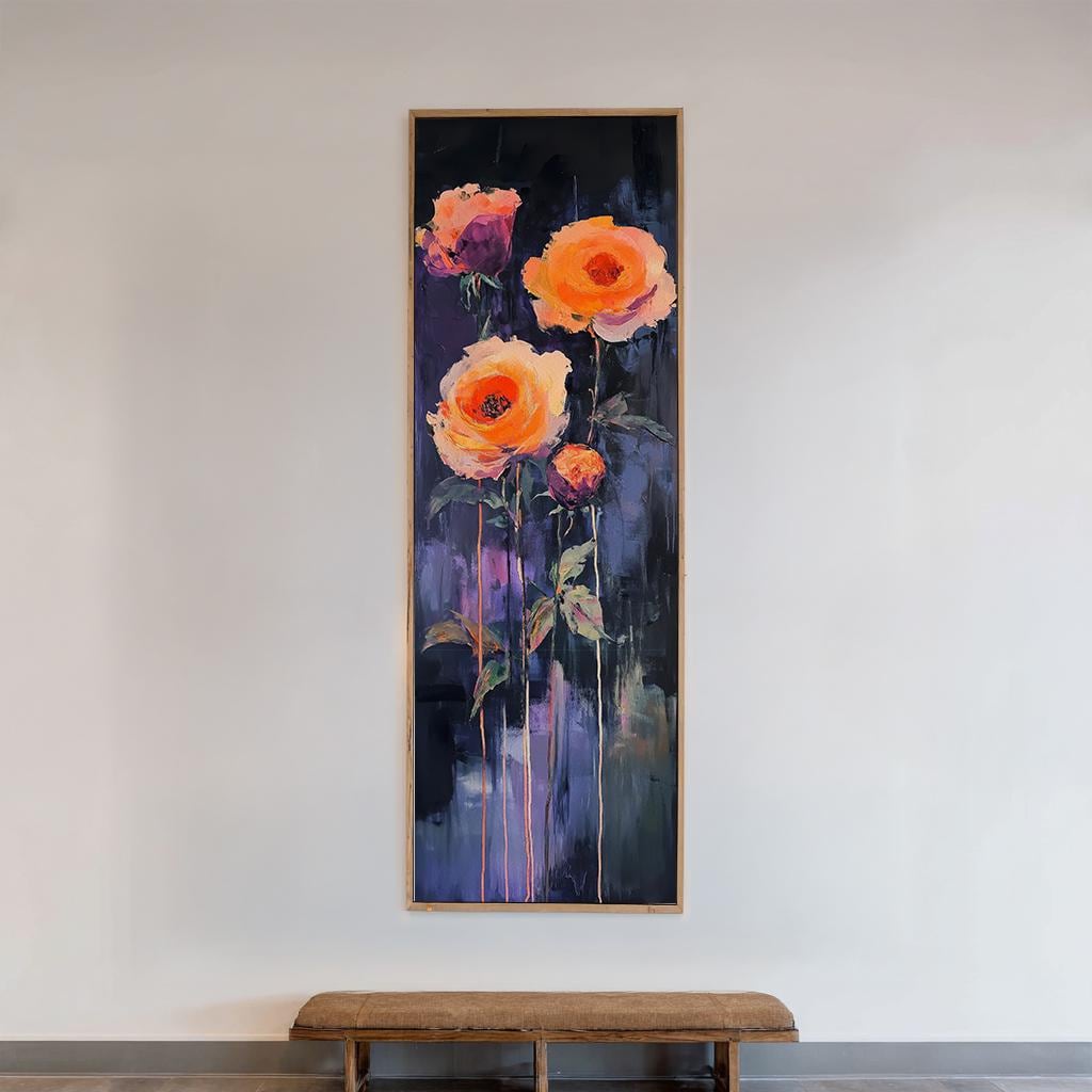 Rose Impasto Canvas Art | Textural Floral Print | Bohemian Modern Wall Art For Living Room | Twilight Amethyst Art Long Vertical Art
