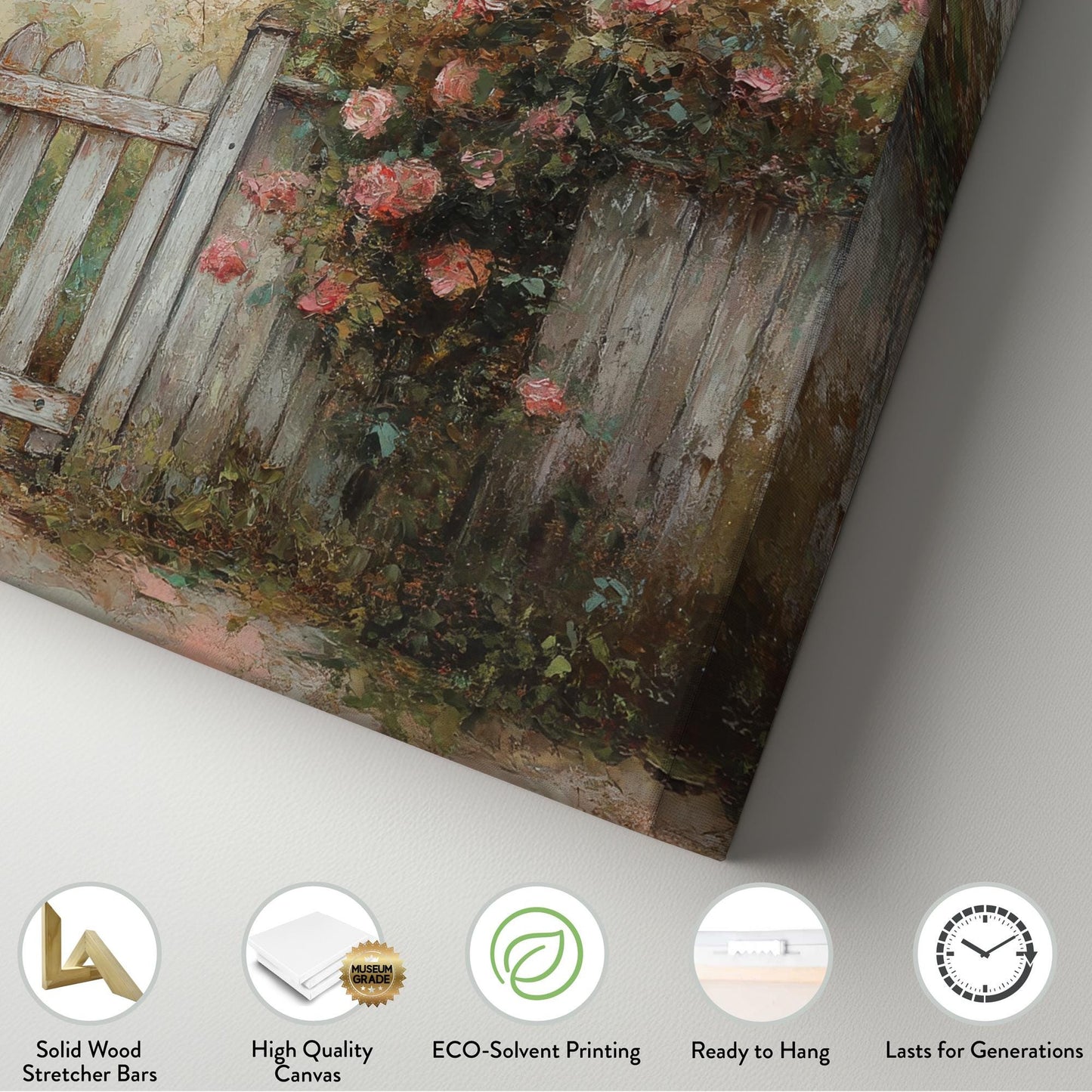 Rose Garden Gate Canvas Art | Impressionistic Impasto Print | French Country Wall Art For Living Room Horizontal Art