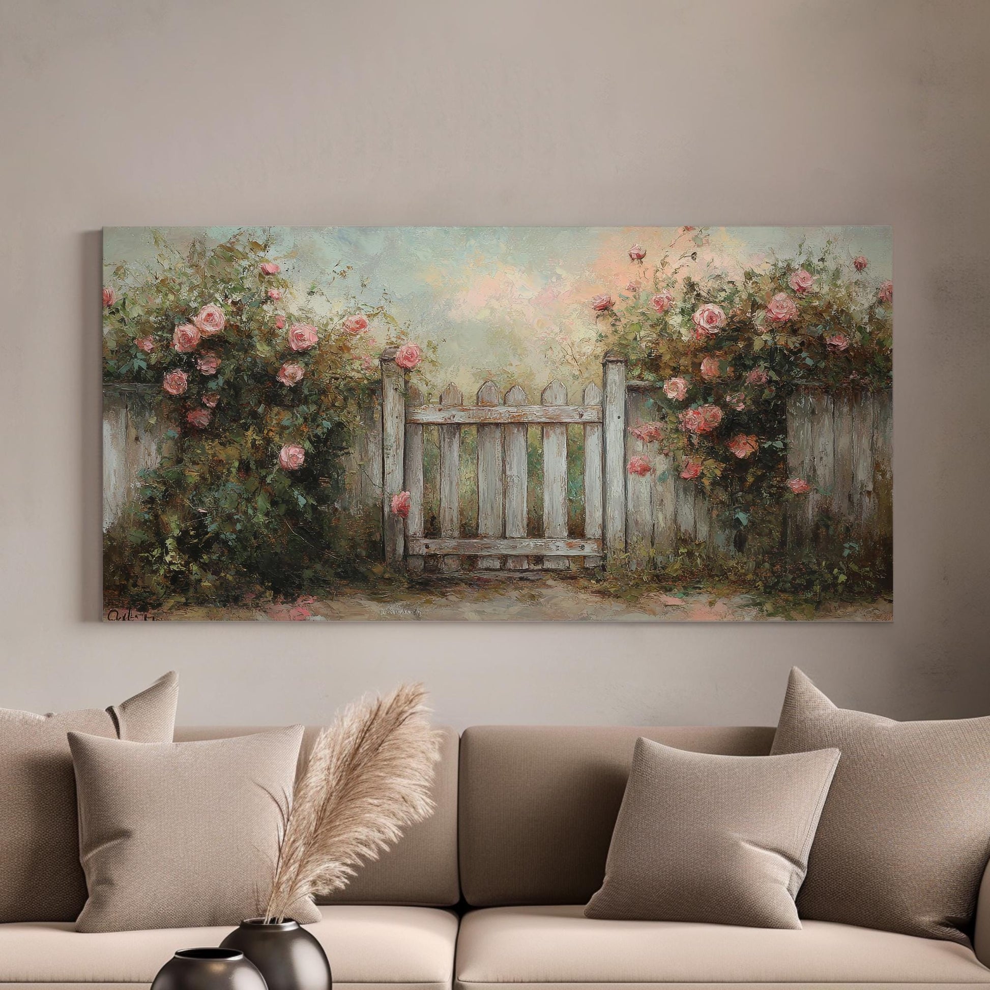Rose Garden Gate Canvas Art | Impressionistic Impasto Print | French Country Wall Art For Living Room Horizontal Art