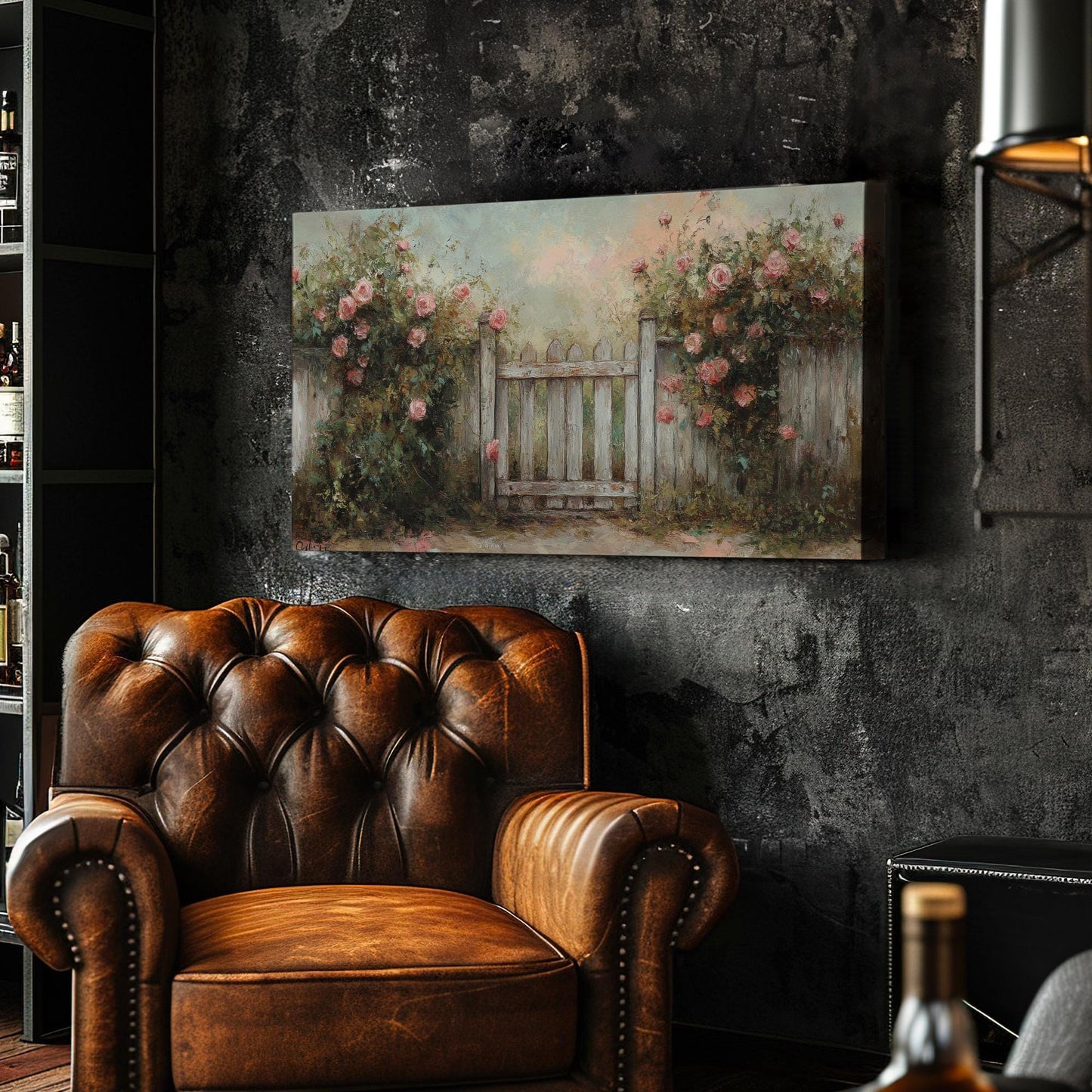 Rose Garden Gate Canvas Art | Impressionistic Impasto Print | French Country Wall Art For Living Room Horizontal Art