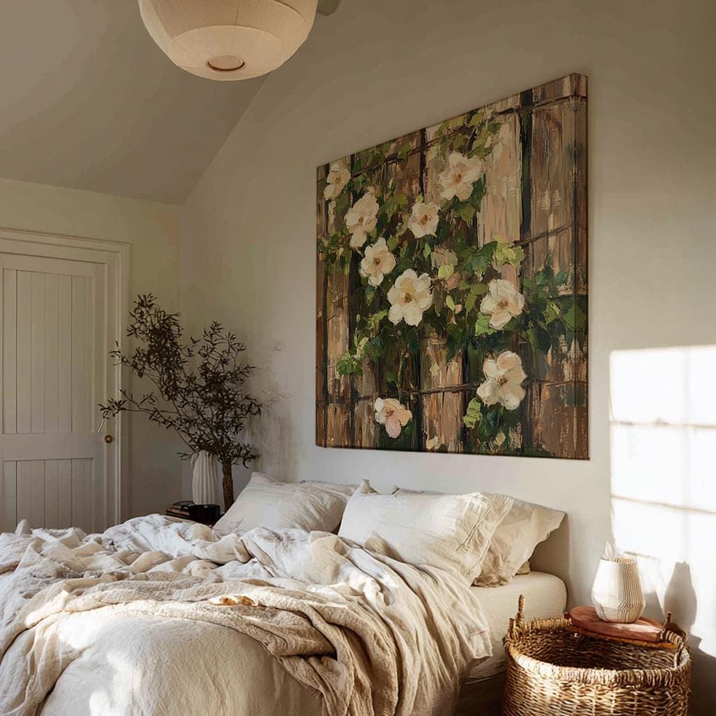 Romantic White Roses Canvas Art | Impasto Painting Print | French Country Wall Art For Living Room | Creamy Beige Art Square Canvas Art