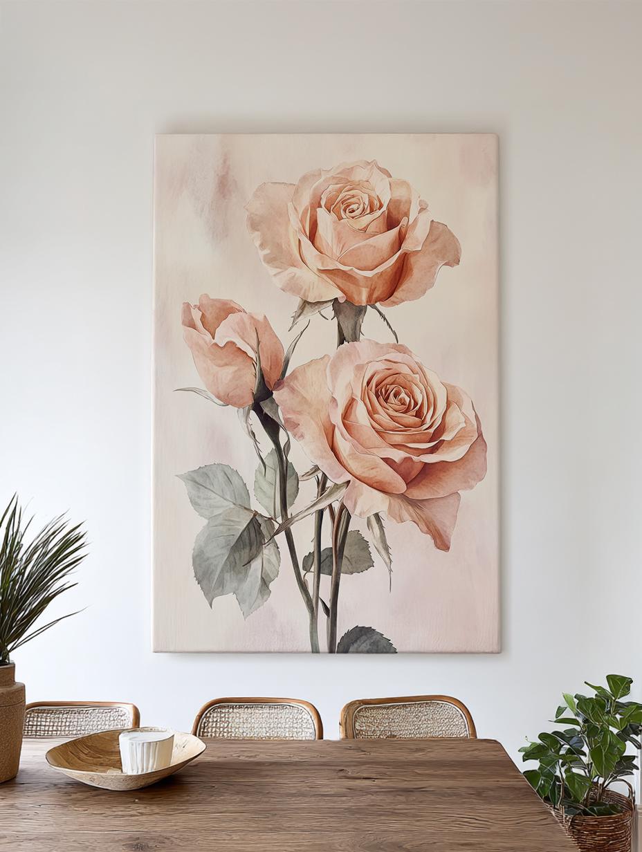 Romantic Rose Trio Canvas Art | Watercolor Botanical Print | Bohemian Wall Art For Bedroom | Blush Pink Art Vertical Canvas