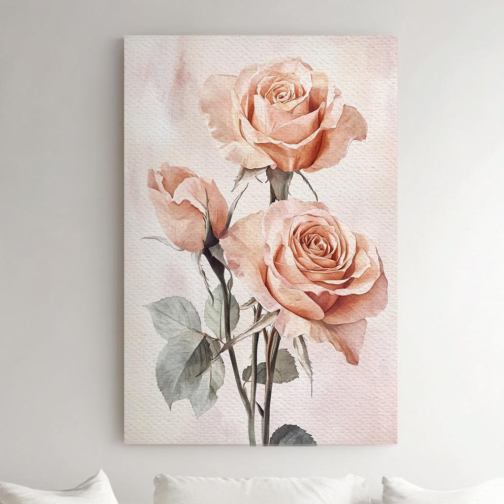 Romantic Rose Trio Canvas Art | Watercolor Botanical Print | Bohemian Wall Art For Bedroom | Blush Pink Art Vertical Canvas