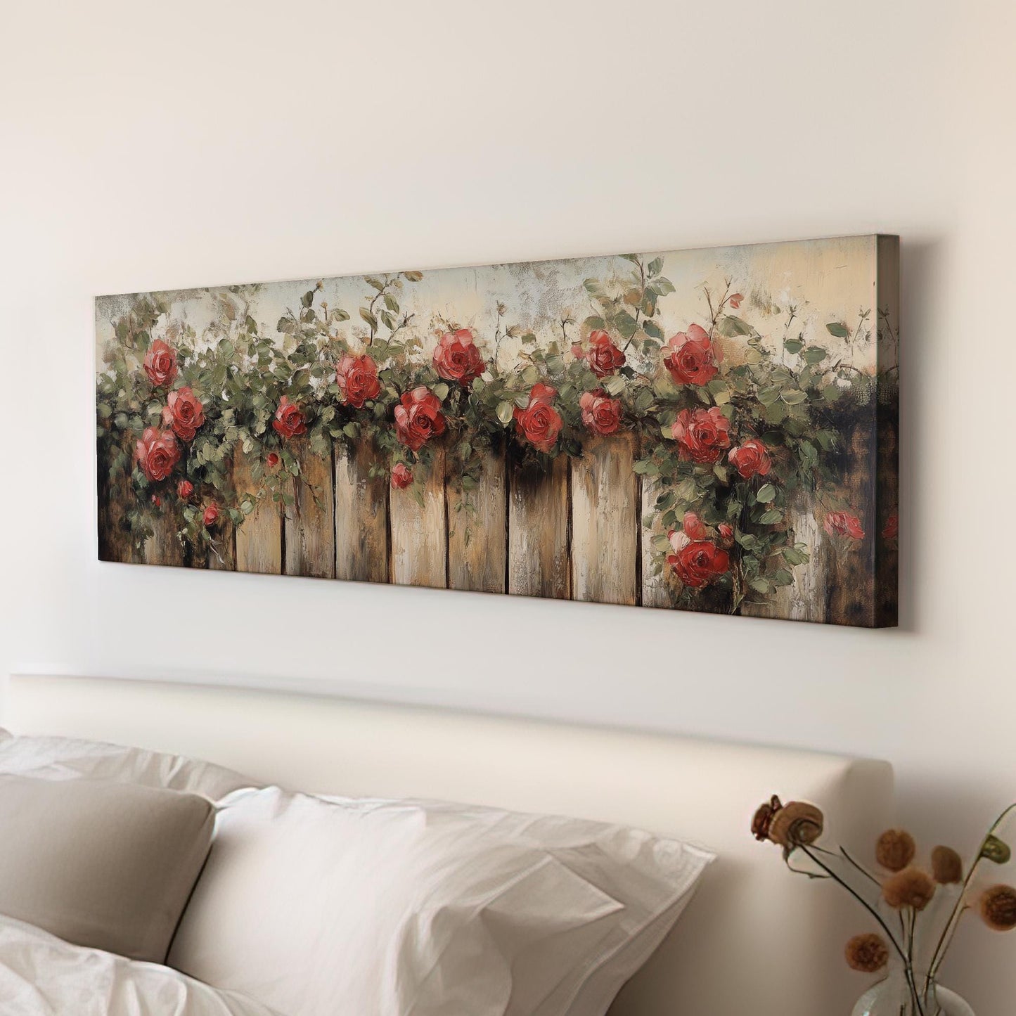 Romantic Rose Garden Fence | Impasto Oil Painting Print | Bohemian Farmhouse Wall Art For Living Room Panoramic Wall Art