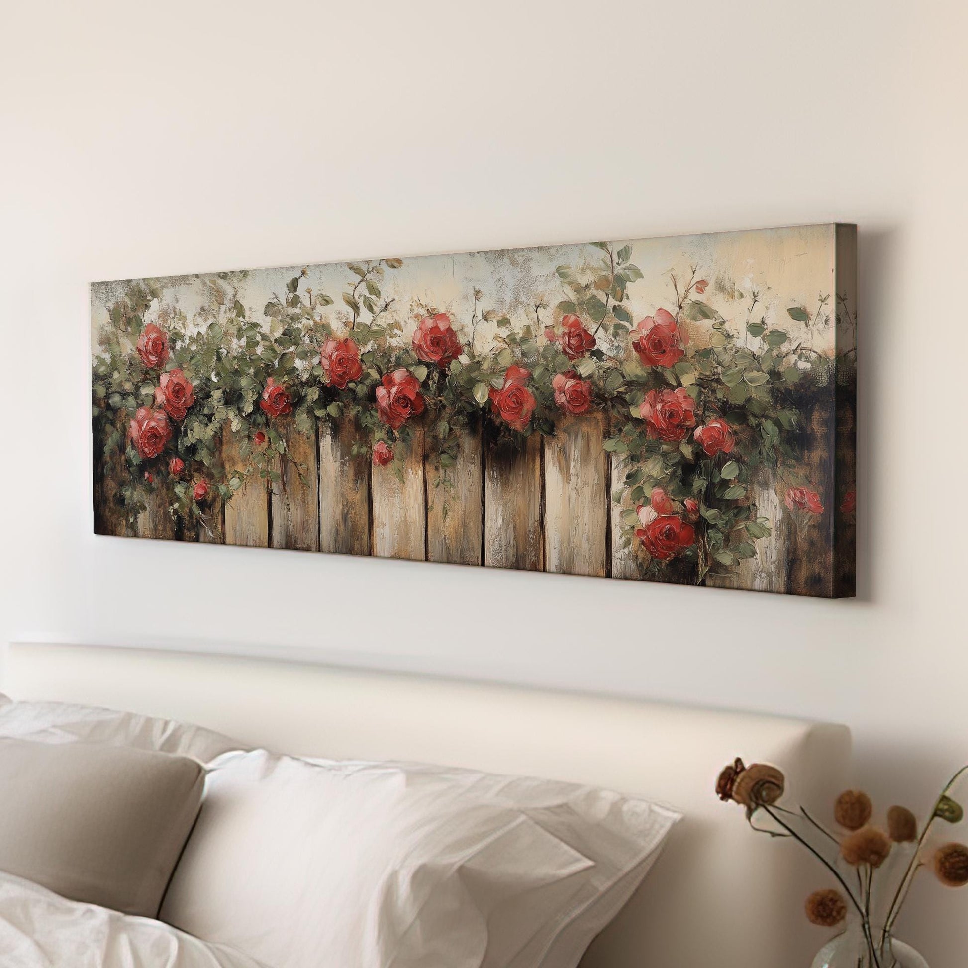 Romantic Rose Garden Fence | Impasto Oil Painting Print | Bohemian Farmhouse Wall Art For Living Room Panoramic Wall Art