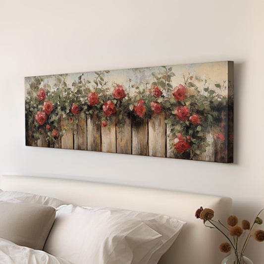 Romantic Rose Garden Fence | Impasto Oil Painting Print | Bohemian Farmhouse Wall Art For Living Room Panoramic Wall Art