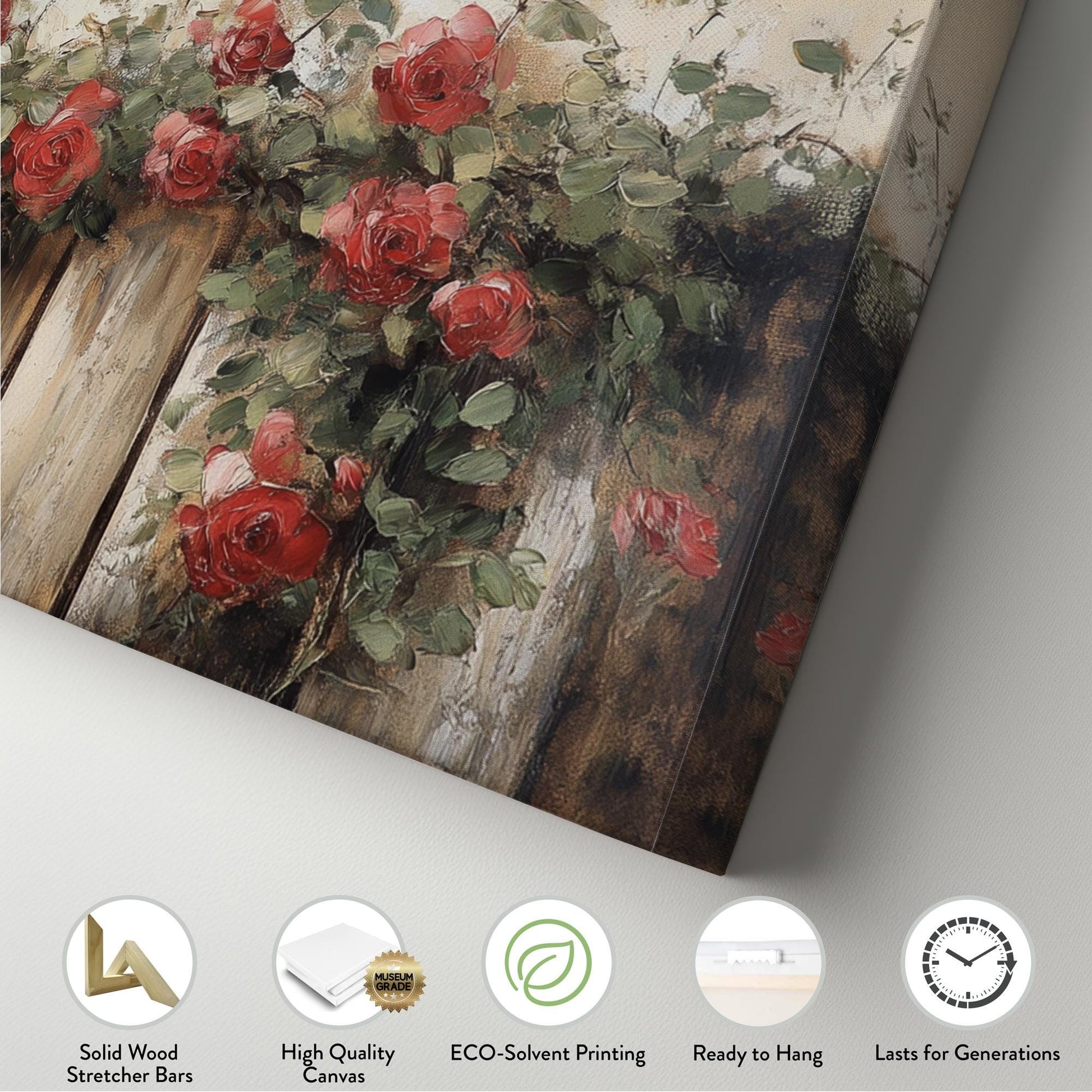 Romantic Rose Garden Fence | Impasto Oil Painting Print | Bohemian Farmhouse Wall Art For Living Room Panoramic Wall Art