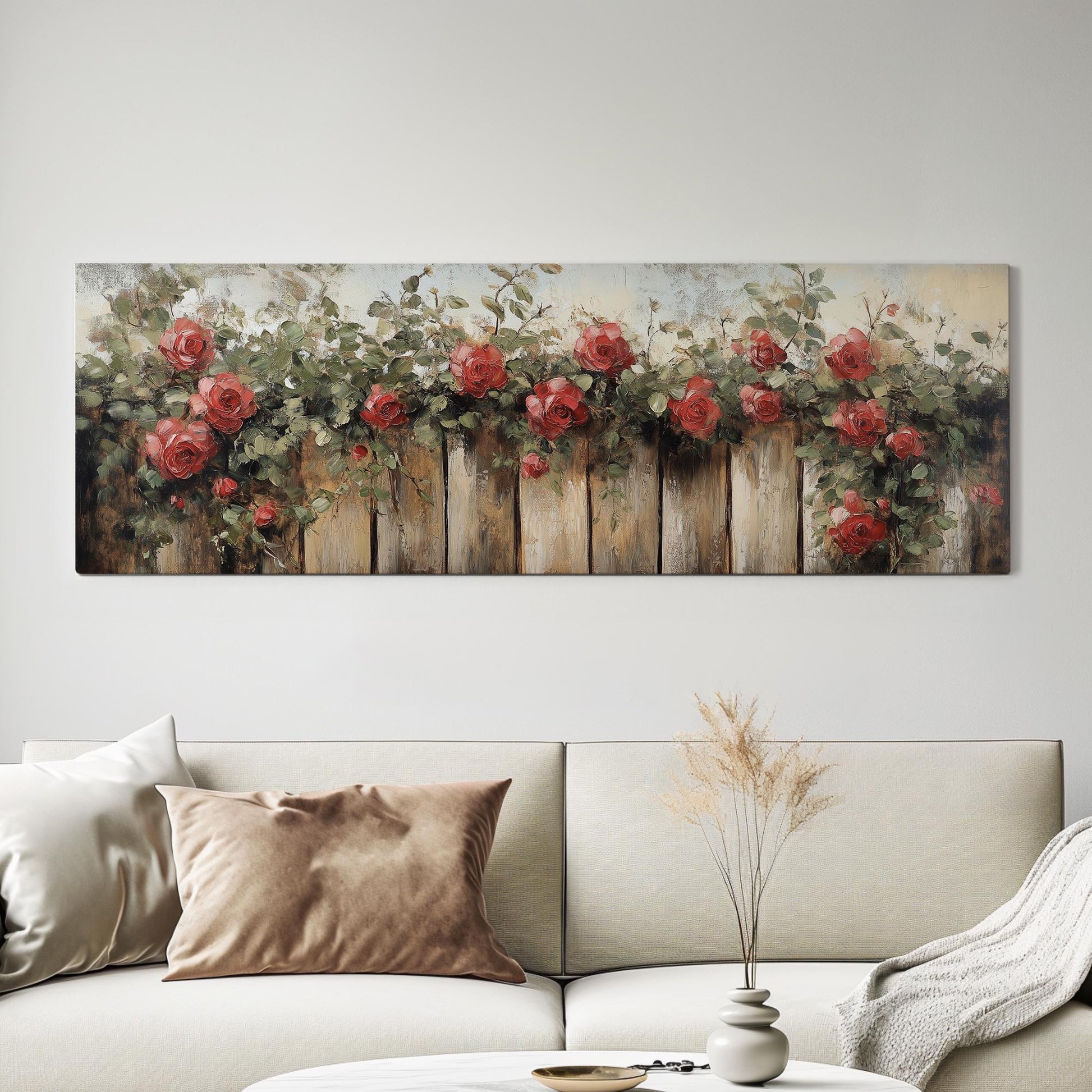Romantic Rose Garden Fence | Impasto Oil Painting Print | Bohemian Farmhouse Wall Art For Living Room Panoramic Wall Art