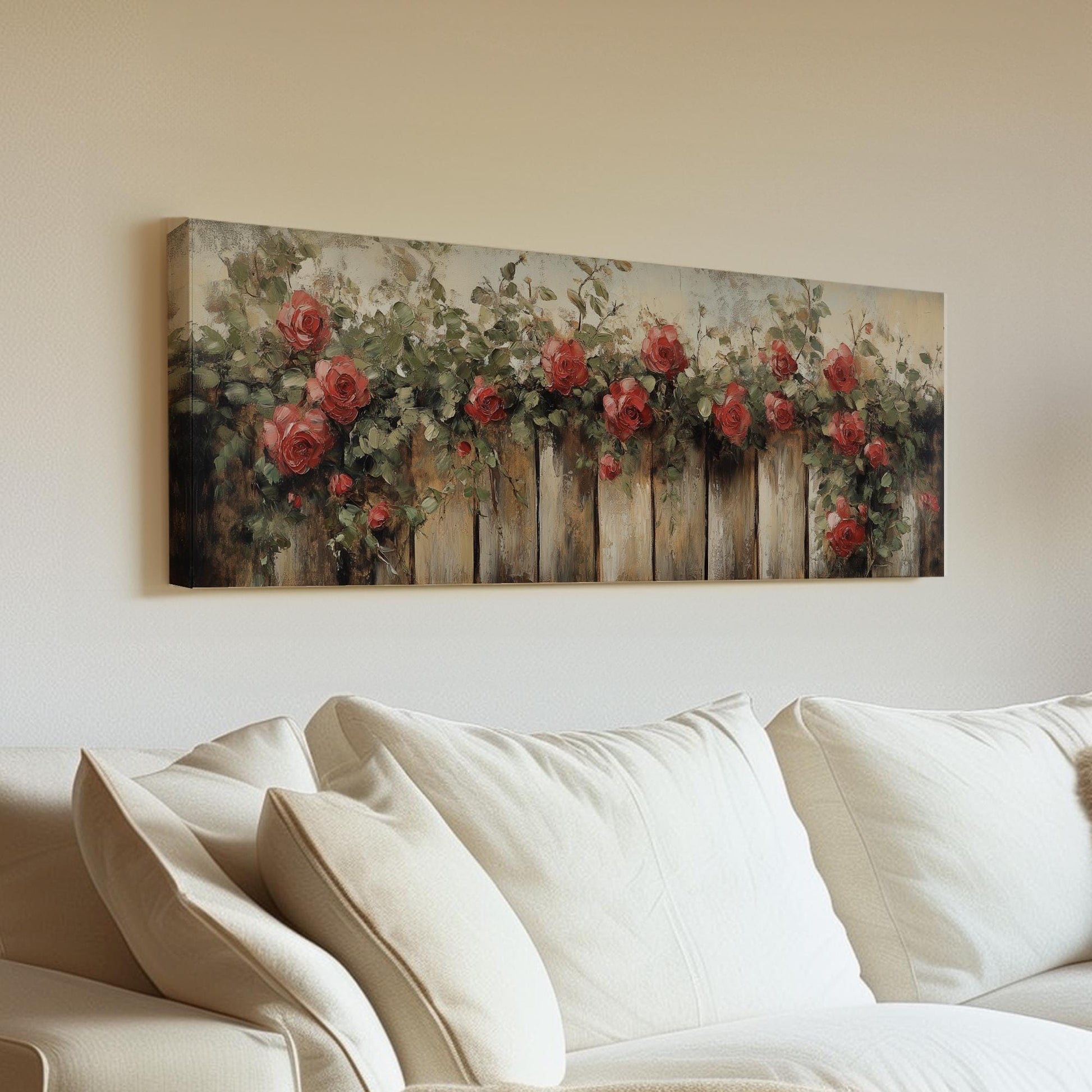 Romantic Rose Garden Fence | Impasto Oil Painting Print | Bohemian Farmhouse Wall Art For Living Room Panoramic Wall Art
