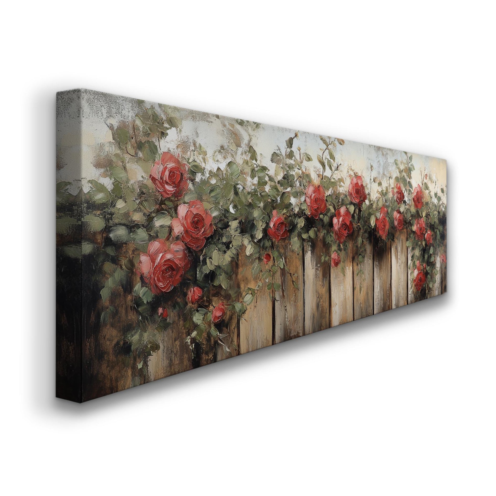 Romantic Rose Garden Fence | Impasto Oil Painting Print | Bohemian Farmhouse Wall Art For Living Room Panoramic Wall Art