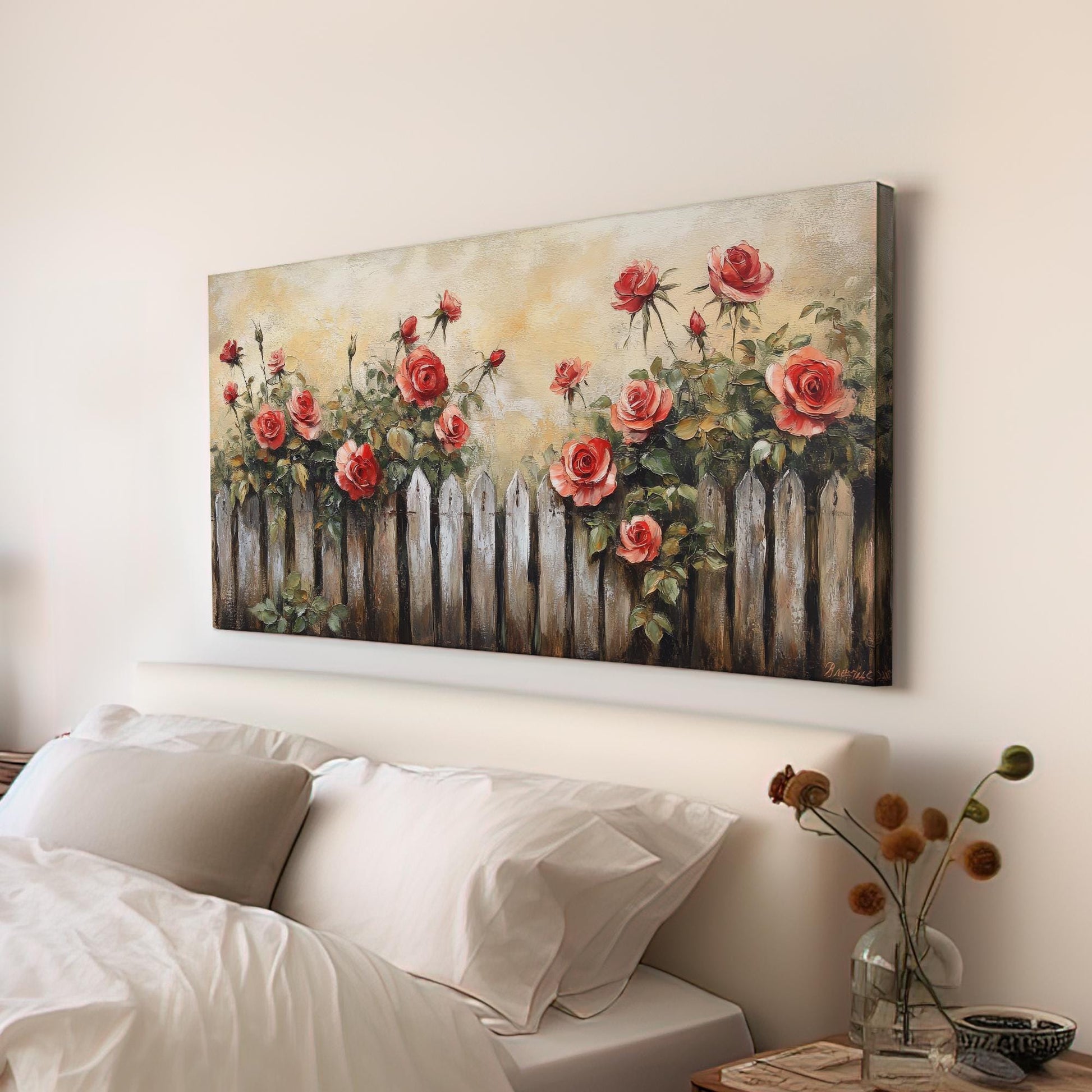 Romantic Rose Garden Fence Canvas Art | Impasto Oil Painting Print | French Country Wall Art For Living Room Horizontal Art