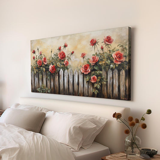 Romantic Rose Garden Fence Canvas Art | Impasto Oil Painting Print | French Country Wall Art For Living Room Horizontal Art