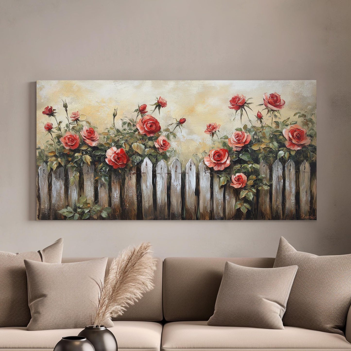 Romantic Rose Garden Fence Canvas Art | Impasto Oil Painting Print | French Country Wall Art For Living Room Horizontal Art