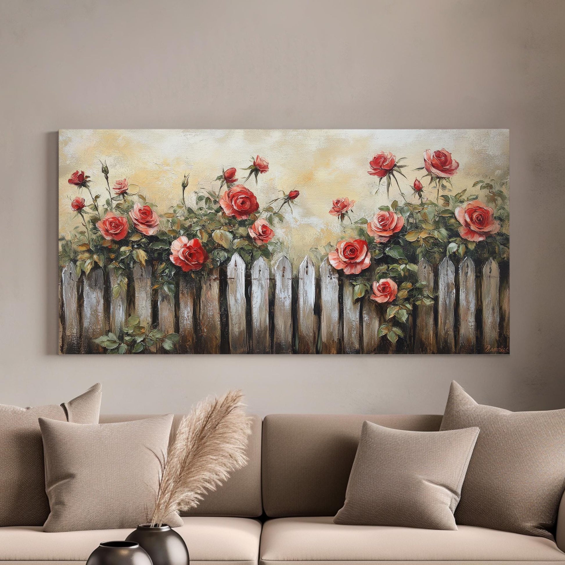 Romantic Rose Garden Fence Canvas Art | Impasto Oil Painting Print | French Country Wall Art For Living Room Horizontal Art