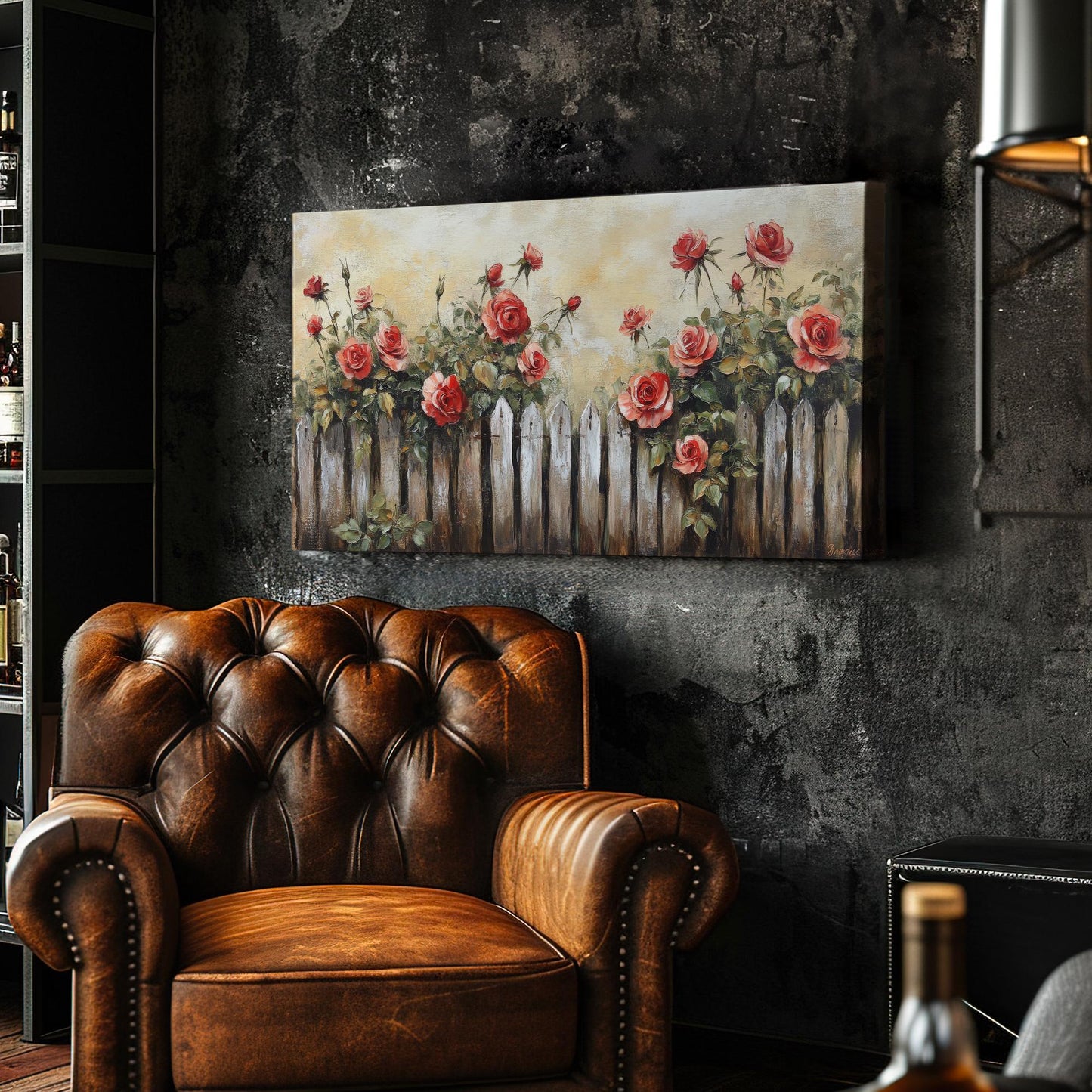 Romantic Rose Garden Fence Canvas Art | Impasto Oil Painting Print | French Country Wall Art For Living Room Horizontal Art
