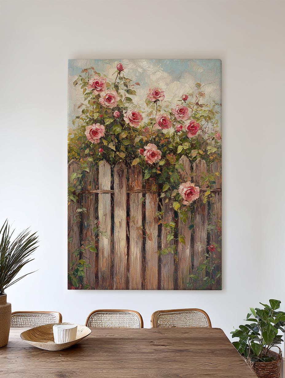 Romantic Rose Garden Fence Canvas Art | Impasto Oil Painting Print | French Country Wall Art For Living Room Vertical Canvas