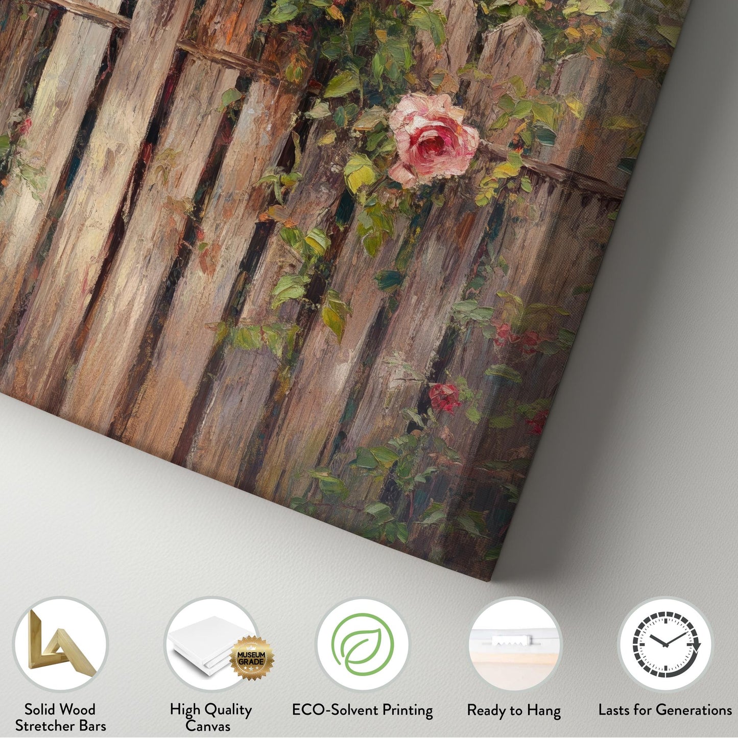 Romantic Rose Garden Fence Canvas Art | Impasto Oil Painting Print | French Country Wall Art For Living Room Vertical Canvas