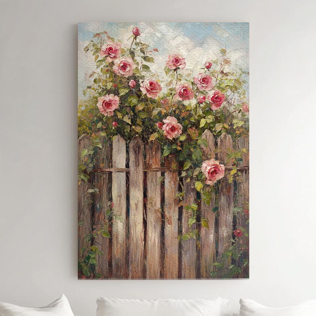 Romantic Rose Garden Fence Canvas Art | Impasto Oil Painting Print | French Country Wall Art For Living Room Vertical Canvas