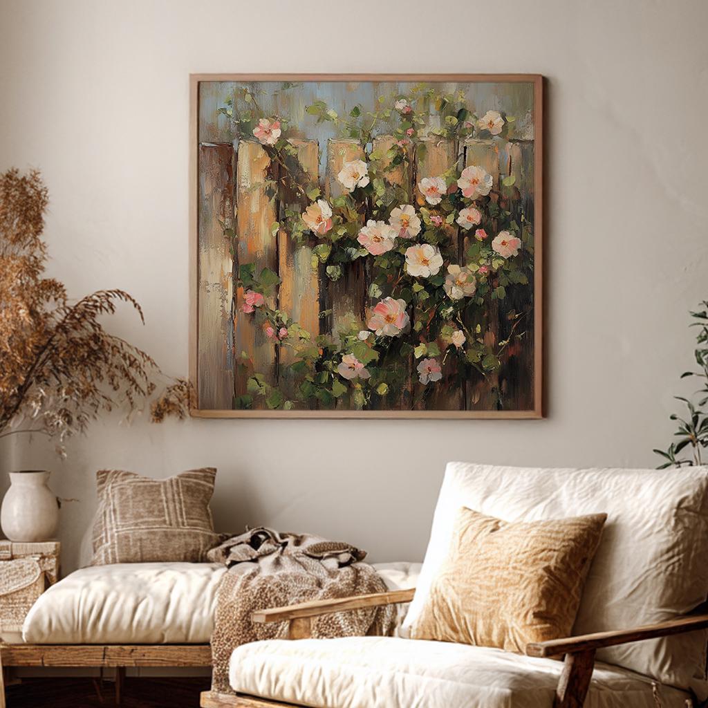 Romantic Rose Garden Fence Canvas Art | Impasto Oil Painting Print | Bohemian Wall Art For Living Room Square Canvas Art