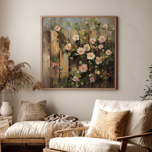 Romantic Rose Garden Fence Canvas Art | Impasto Oil Painting Print | Bohemian Wall Art For Living Room Square Canvas Art