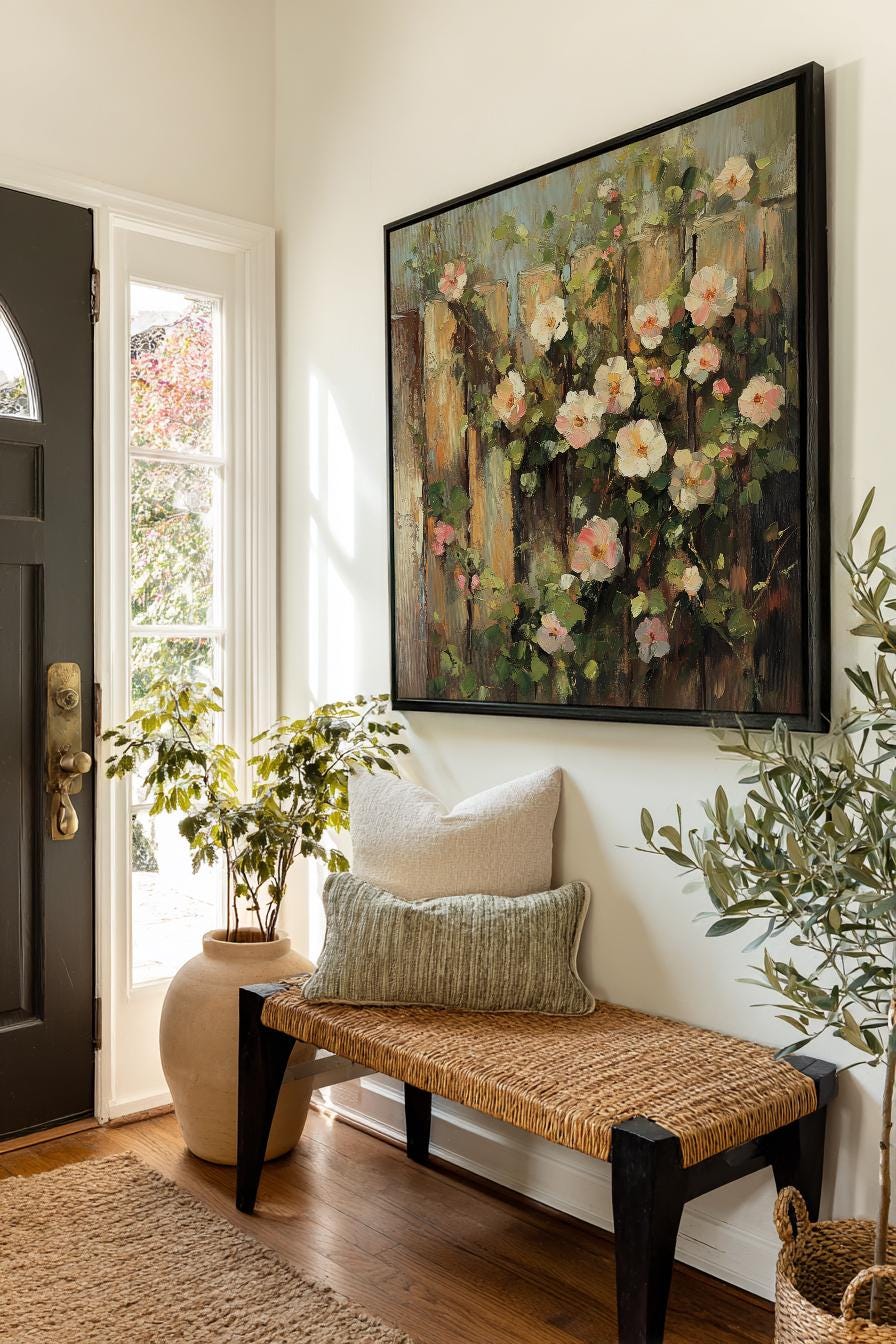 Romantic Rose Garden Fence Canvas Art | Impasto Oil Painting Print | Bohemian Wall Art For Living Room Square Canvas Art