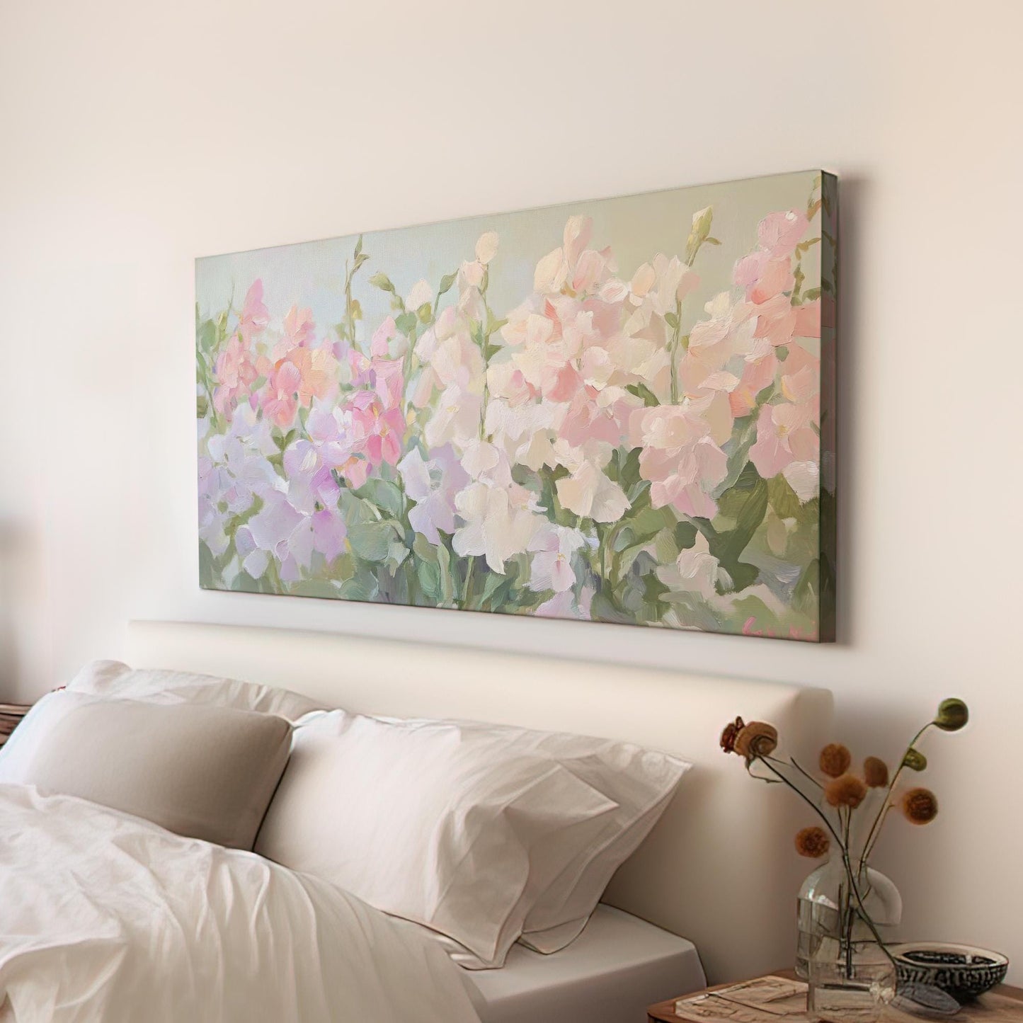 Romantic Rose Garden Canvas Art | Impressionistic Impasto Print | Bohemian Wall Art For Living Room Horizontal Art