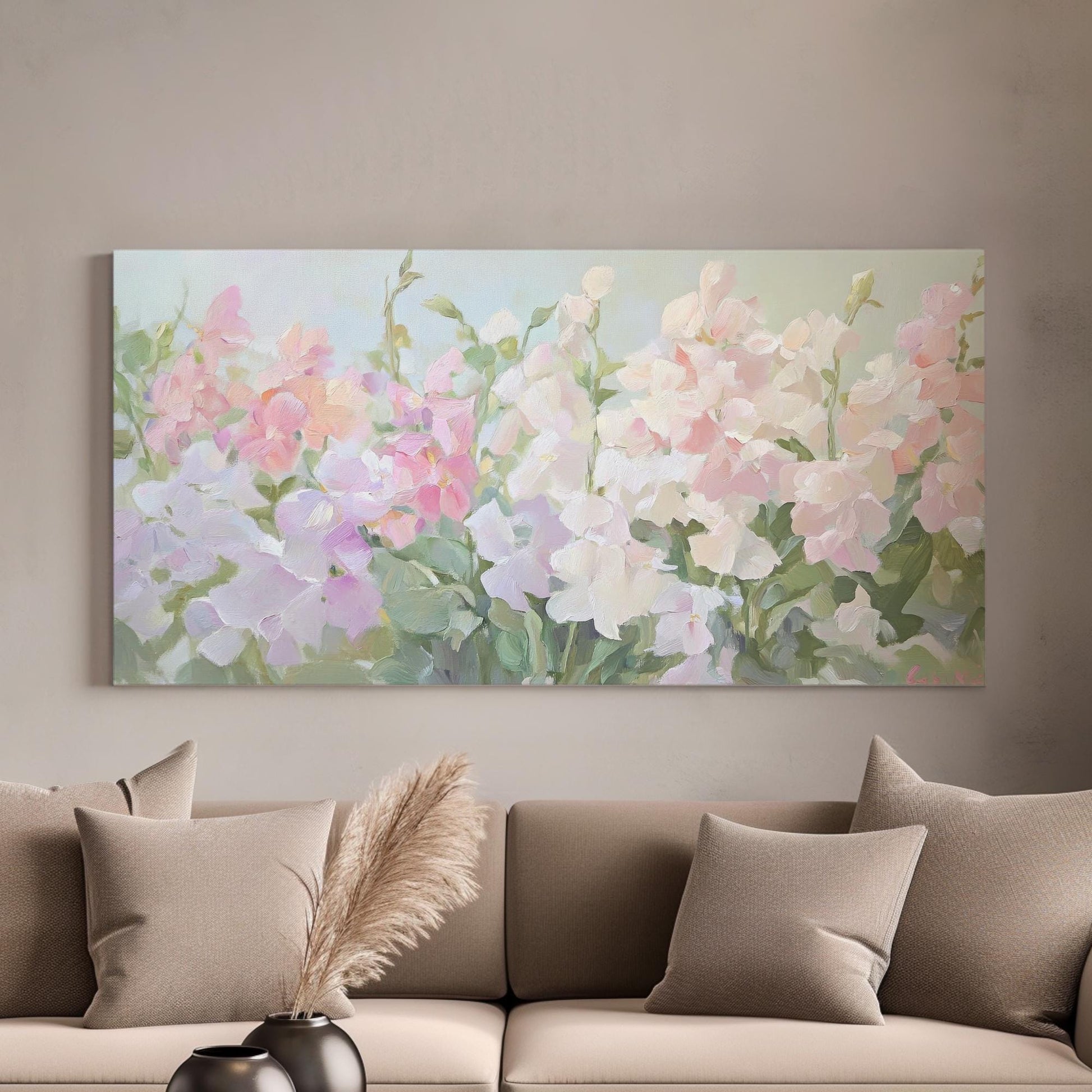 Romantic Rose Garden Canvas Art | Impressionistic Impasto Print | Bohemian Wall Art For Living Room Horizontal Art