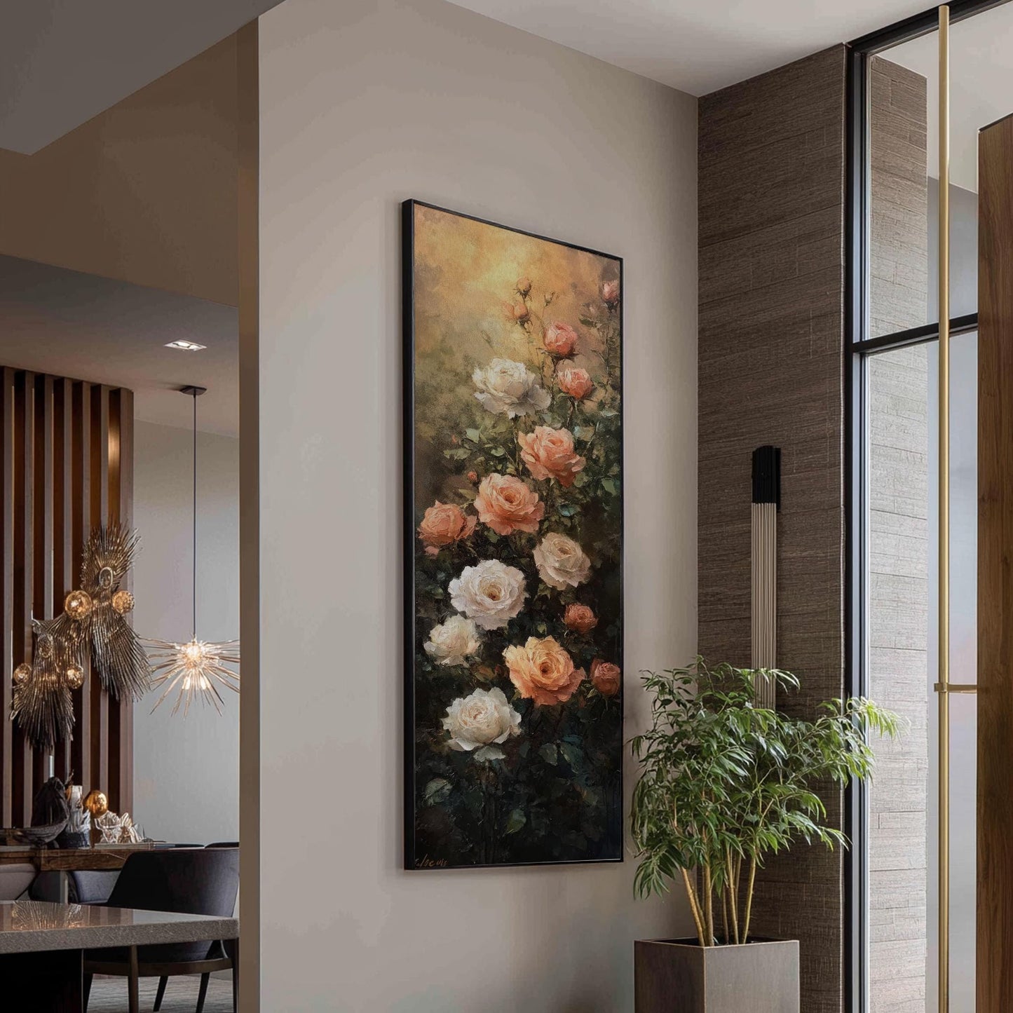 Romantic Rose Garden Canvas Art | Impasto Oil Painting Print | Bohemian Wall Art For Living Room | Blush Pink Cream Art Long Vertical Art