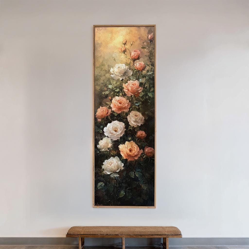 Romantic Rose Garden Canvas Art | Impasto Oil Painting Print | Bohemian Wall Art For Living Room | Blush Pink Cream Art Long Vertical Art