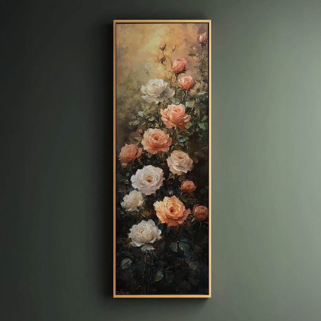 Romantic Rose Garden Canvas Art | Impasto Oil Painting Print | Bohemian Wall Art For Living Room | Blush Pink Cream Art Long Vertical Art
