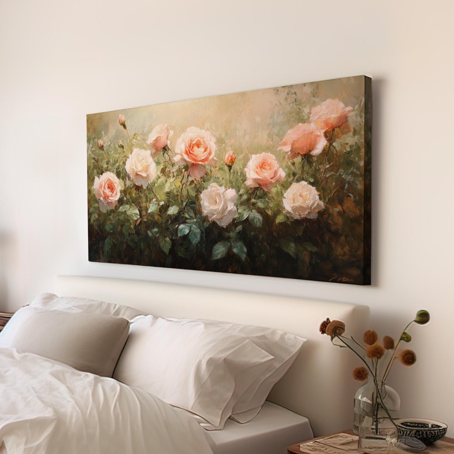 Romantic Rose Garden Canvas Art | Impasto Oil Painting Print | Bohemian Wall Art For Living Room | Blush Pink Cream Art Horizontal Art