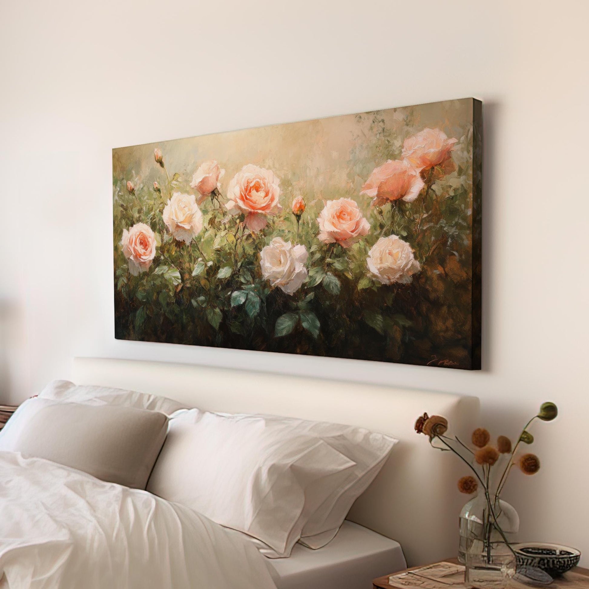 Romantic Rose Garden Canvas Art | Impasto Oil Painting Print | Bohemian Wall Art For Living Room | Blush Pink Cream Art Horizontal Art