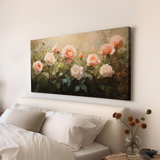 Romantic Rose Garden Canvas Art | Impasto Oil Painting Print | Bohemian Wall Art For Living Room | Blush Pink Cream Art Horizontal Art