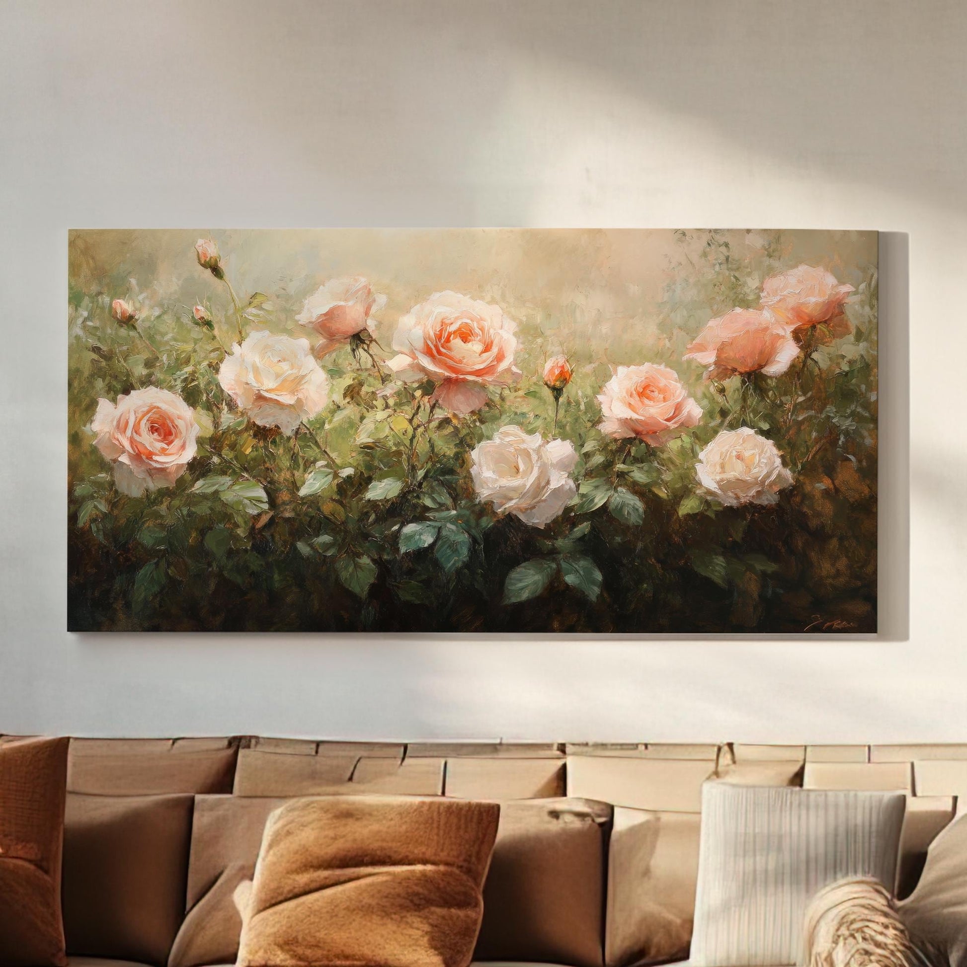Romantic Rose Garden Canvas Art | Impasto Oil Painting Print | Bohemian Wall Art For Living Room | Blush Pink Cream Art Horizontal Art