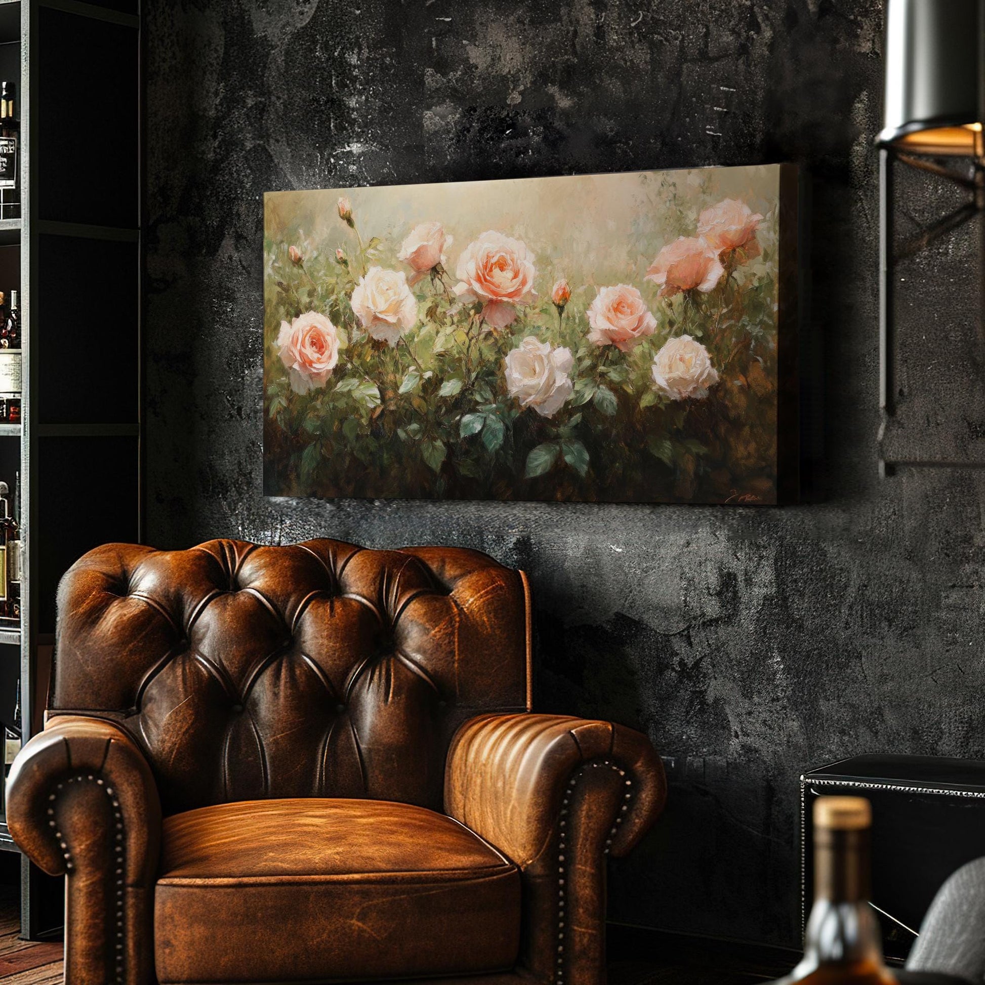Romantic Rose Garden Canvas Art | Impasto Oil Painting Print | Bohemian Wall Art For Living Room | Blush Pink Cream Art Horizontal Art