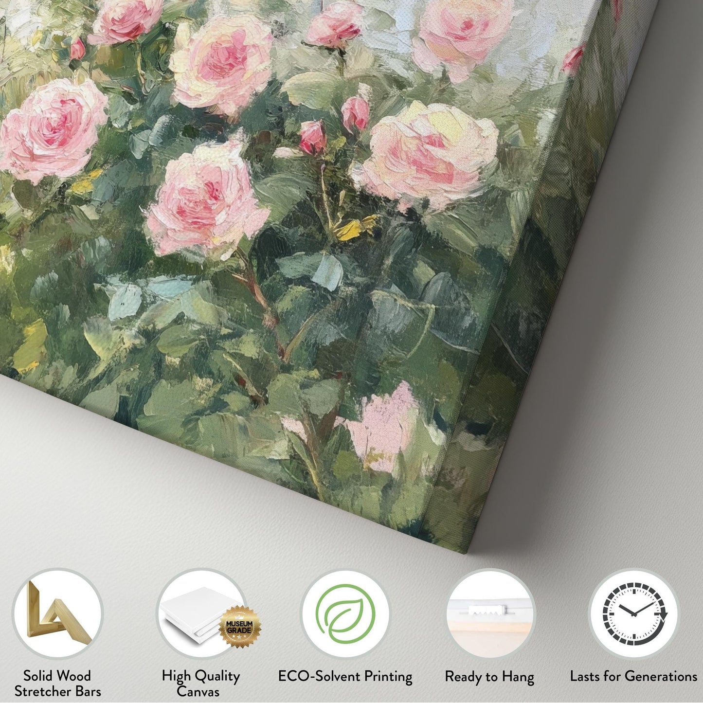 Romantic Rose Garden Canvas Art | Impasto Impressionism Print | French Country Wall Art For Living Room Horizontal Art