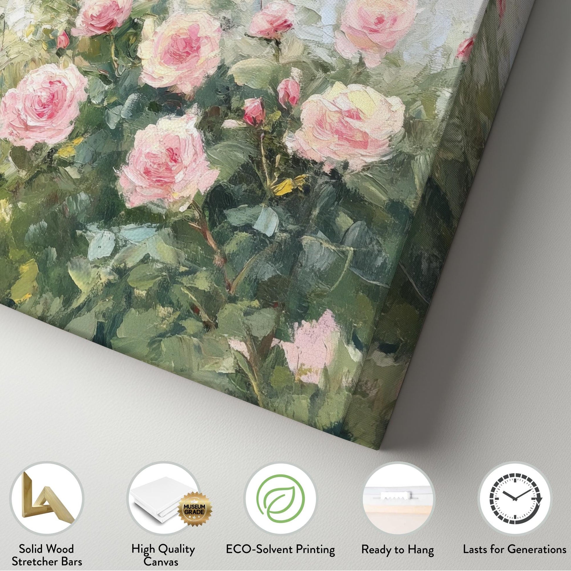 Romantic Rose Garden Canvas Art | Impasto Impressionism Print | French Country Wall Art For Living Room Horizontal Art