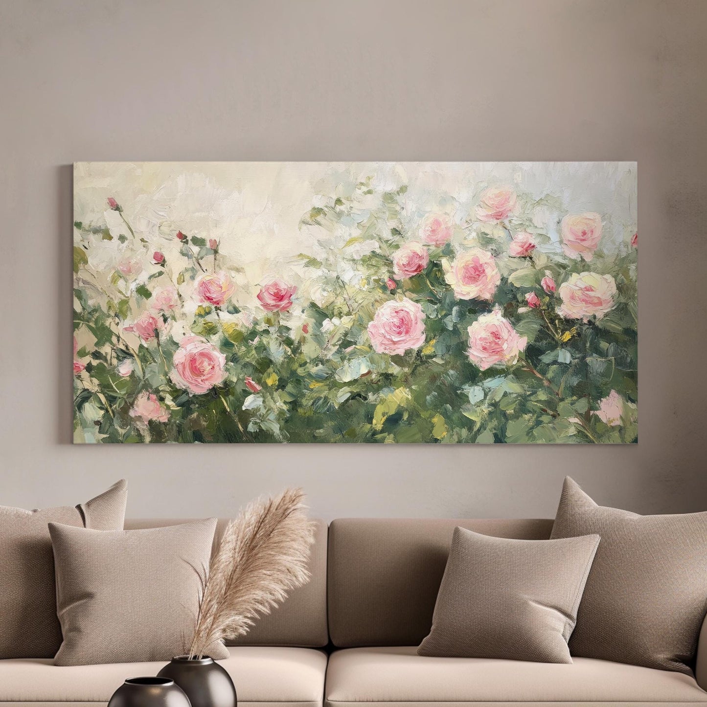 Romantic Rose Garden Canvas Art | Impasto Impressionism Print | French Country Wall Art For Living Room Horizontal Art