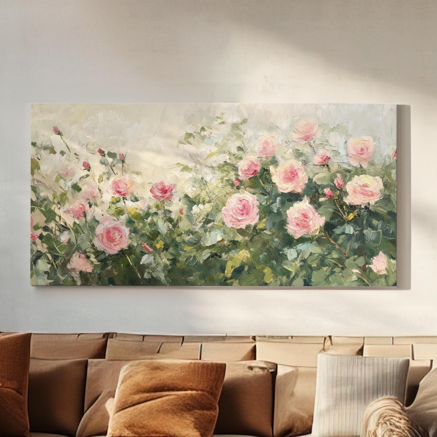 Romantic Rose Garden Canvas Art | Impasto Impressionism Print | French Country Wall Art For Living Room Horizontal Art