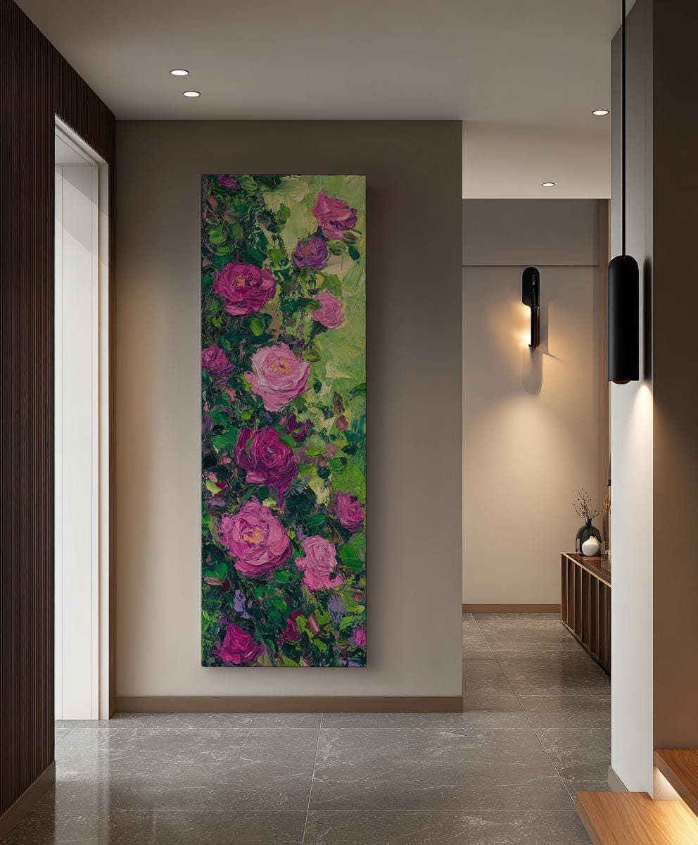 Romantic Rose Garden Canvas Art | Impasto Floral Print | Bohemian Wall Art For Living Room | Deep Rose Quartz Art Long Vertical Art