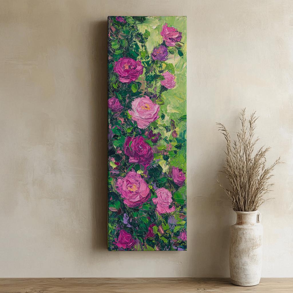 Romantic Rose Garden Canvas Art | Impasto Floral Print | Bohemian Wall Art For Living Room | Deep Rose Quartz Art Long Vertical Art
