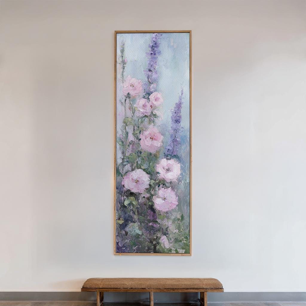 Romantic Rose Garden Canvas Art | Impasto Floral Print | Bohemian Wall Art For Living Room | Blush Pink Lavender Art Long Vertical Art