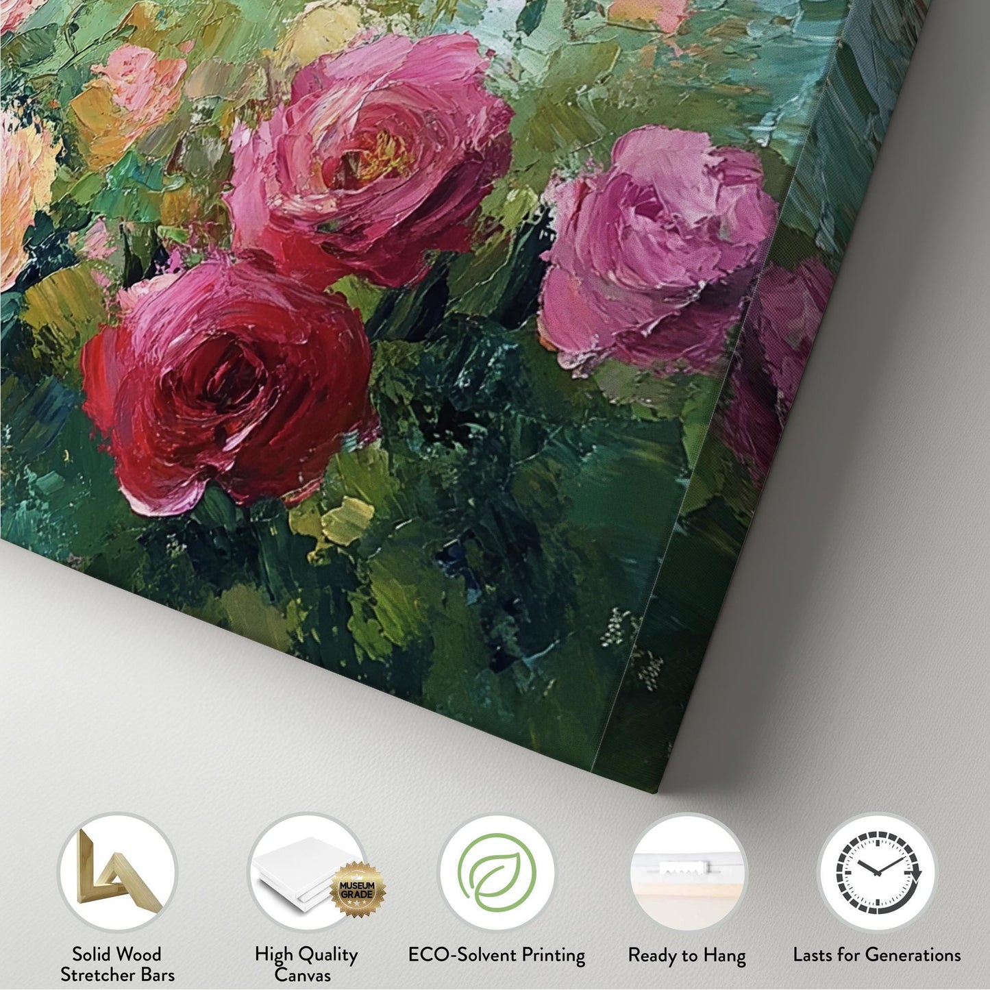 Romantic Rose Garden Canvas Art | Impasto Floral Print | Bohemian Wall Art For Living Room | Blush Pink Apricot Art Panoramic Wall Art