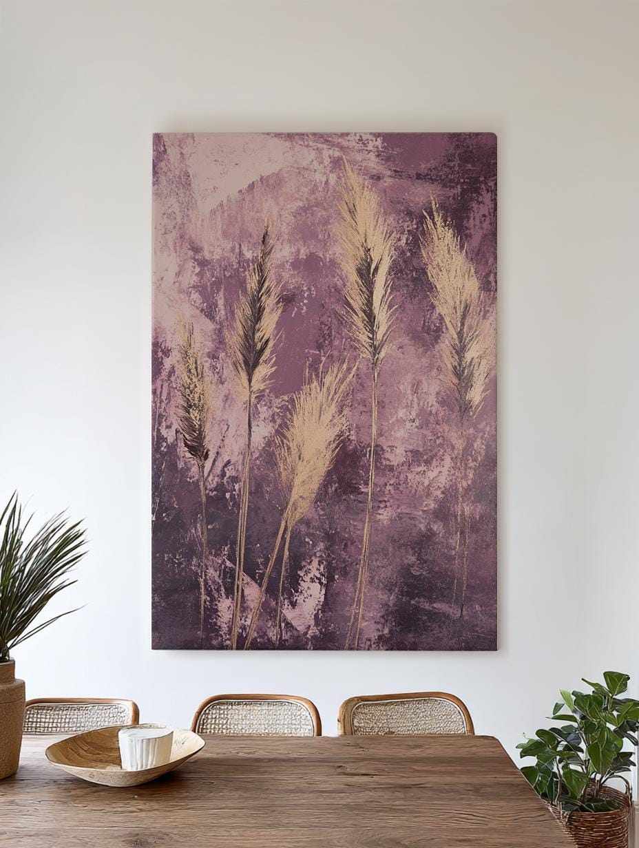 Pampas Grass Canvas Art | Impasto Print | Bohemian Wall Art For Living Room | Dusty Rose Art | Modern Eclectic Decor Vertical Canvas