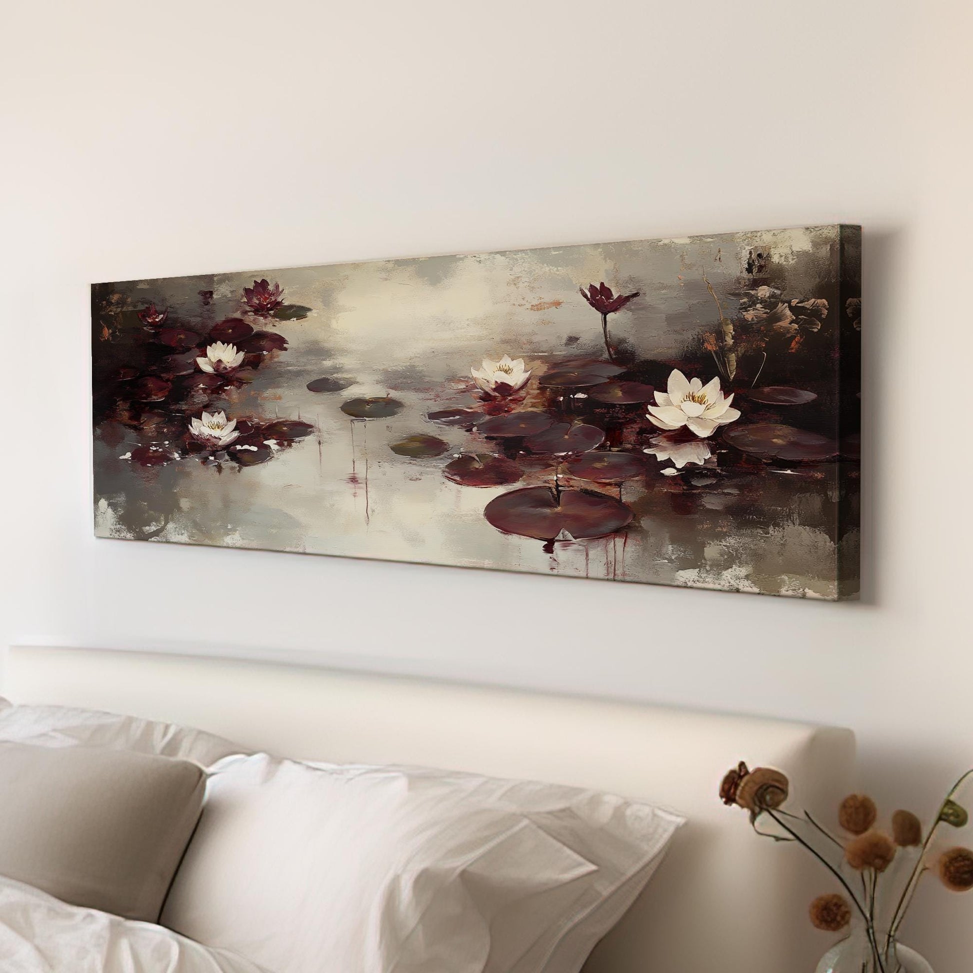Serene Water Lilies Canvas Art | Impasto Impressionism Print | Tranquil Zen Wall Art For Living Room Panoramic Wall Art