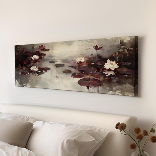Serene Water Lilies Canvas Art | Impasto Impressionism Print | Tranquil Zen Wall Art For Living Room Panoramic Wall Art