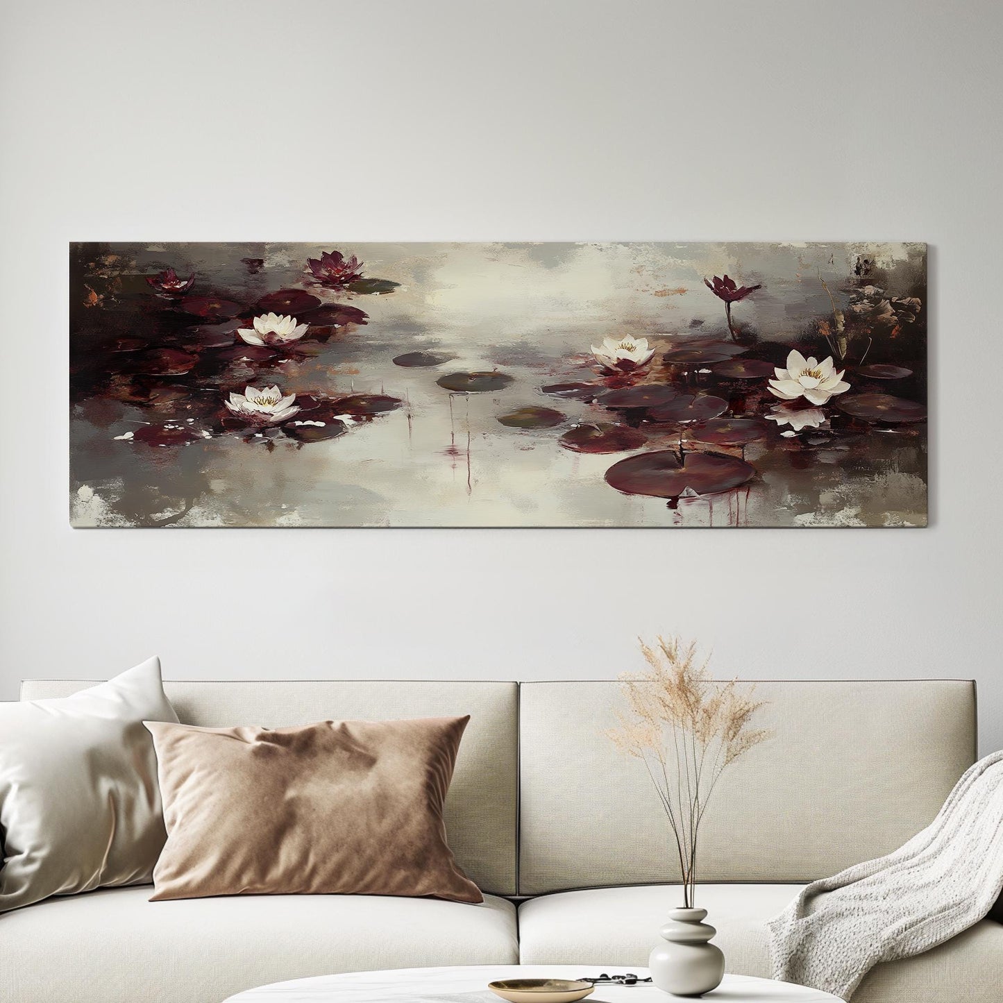 Serene Water Lilies Canvas Art | Impasto Impressionism Print | Tranquil Zen Wall Art For Living Room Panoramic Wall Art