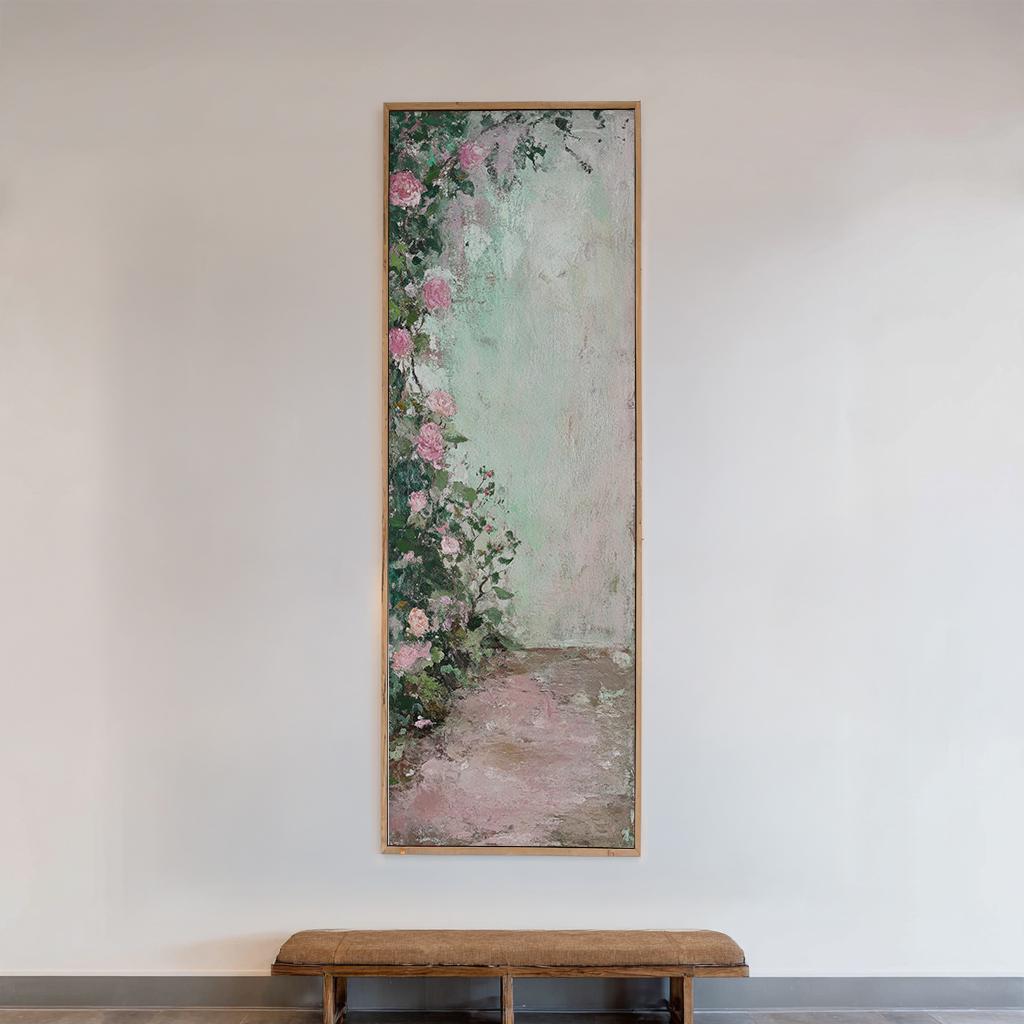 Romantic Rose Garden Canvas Art | Impasto Floral Print | Bohemian Wall Art For Bedroom | Blush Pink Sage Green Art Long Vertical Art
