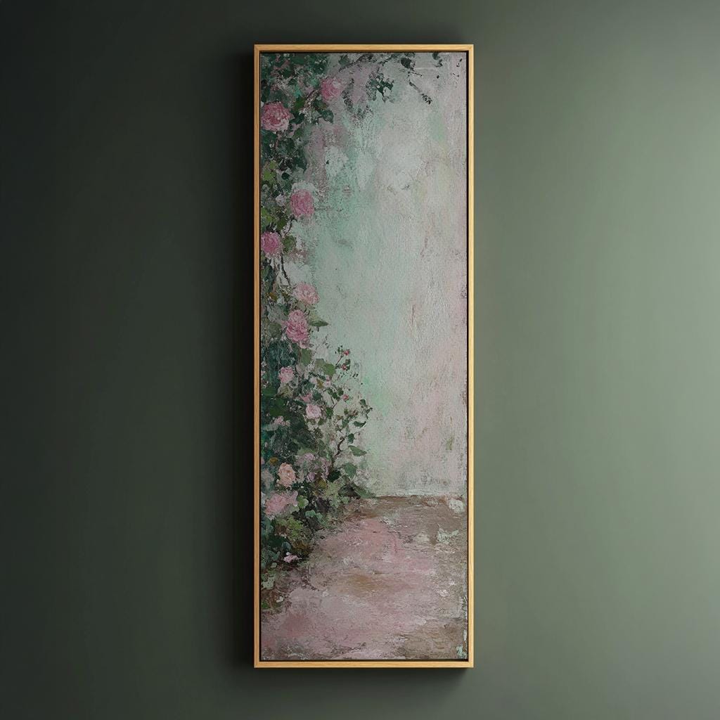 Romantic Rose Garden Canvas Art | Impasto Floral Print | Bohemian Wall Art For Bedroom | Blush Pink Sage Green Art Long Vertical Art