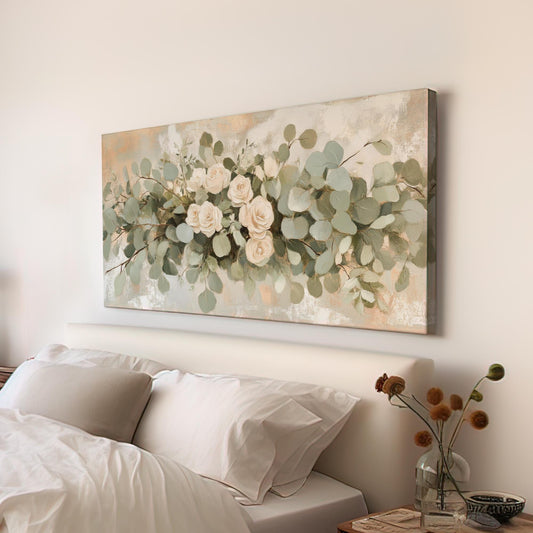 Romantic Rose Eucalyptus Canvas Art | Impasto Floral Print | Bohemian Wall Art For Living Room | Blush Sage Green Art Horizontal Art